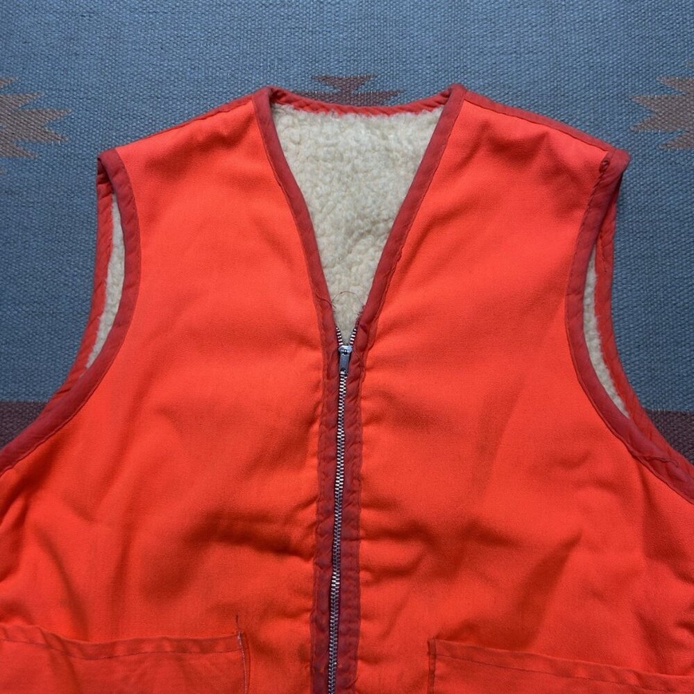 Vintage 60s 70s sherpa lined hunting vest blaze orange hi vis zip men’s medium - Picture 4 of 9